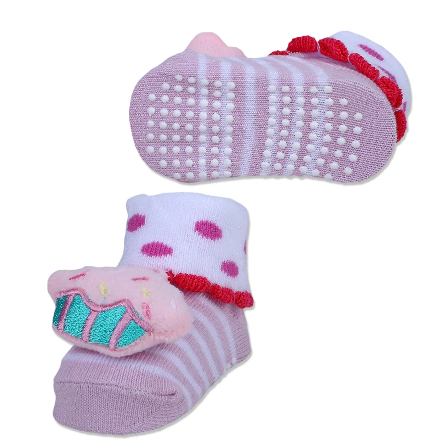 Baby Moo Sweet Cupcake Polka Cotton Anti-Skid 3D Socks - Pink