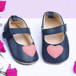 Baby Moo Sweet Heart Anti-Skid Elastic Strap Ballerina Booties - Navy Blue, Peach