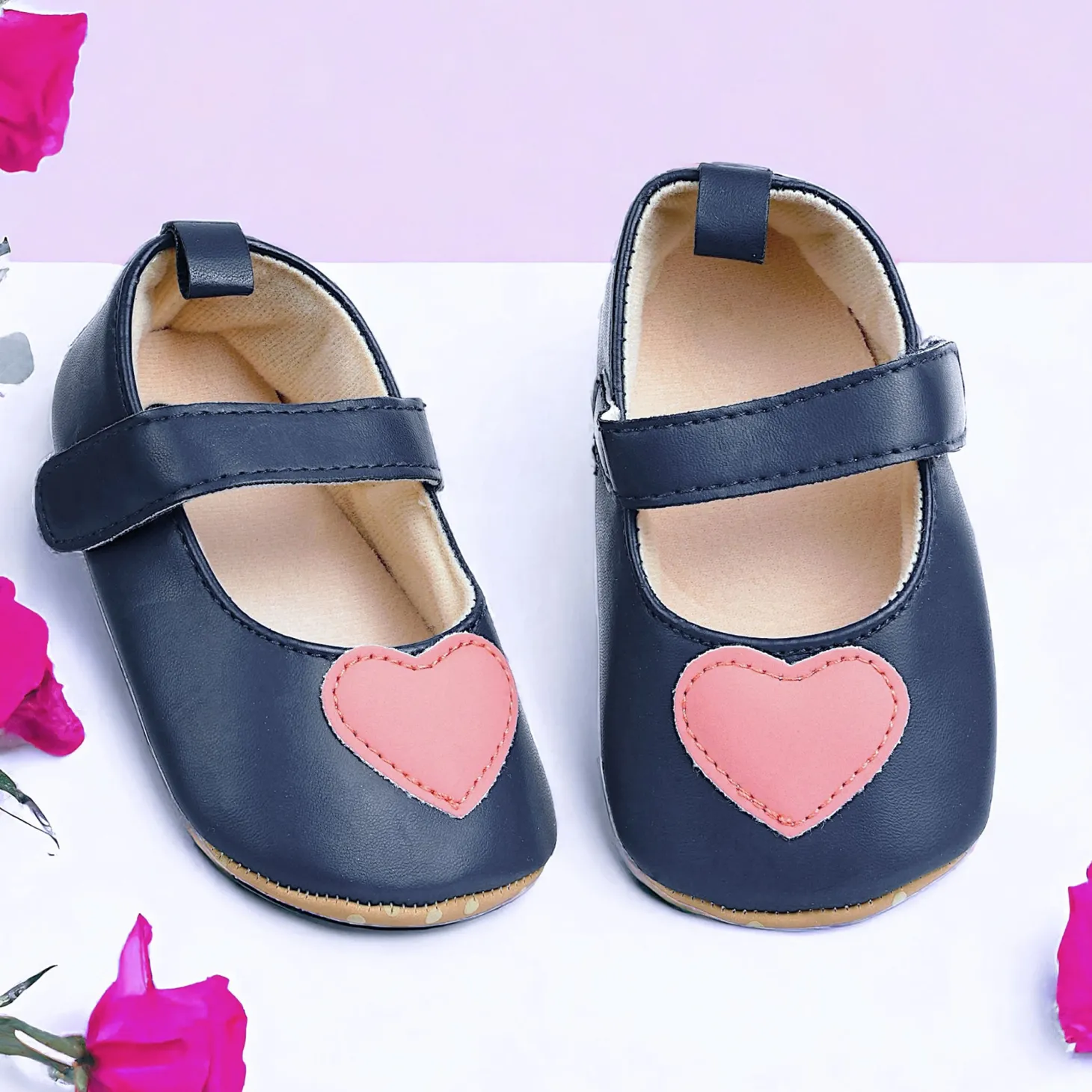 Baby Moo Sweet Heart Anti-Skid Elastic Strap Ballerina Booties - Navy Blue, Peach