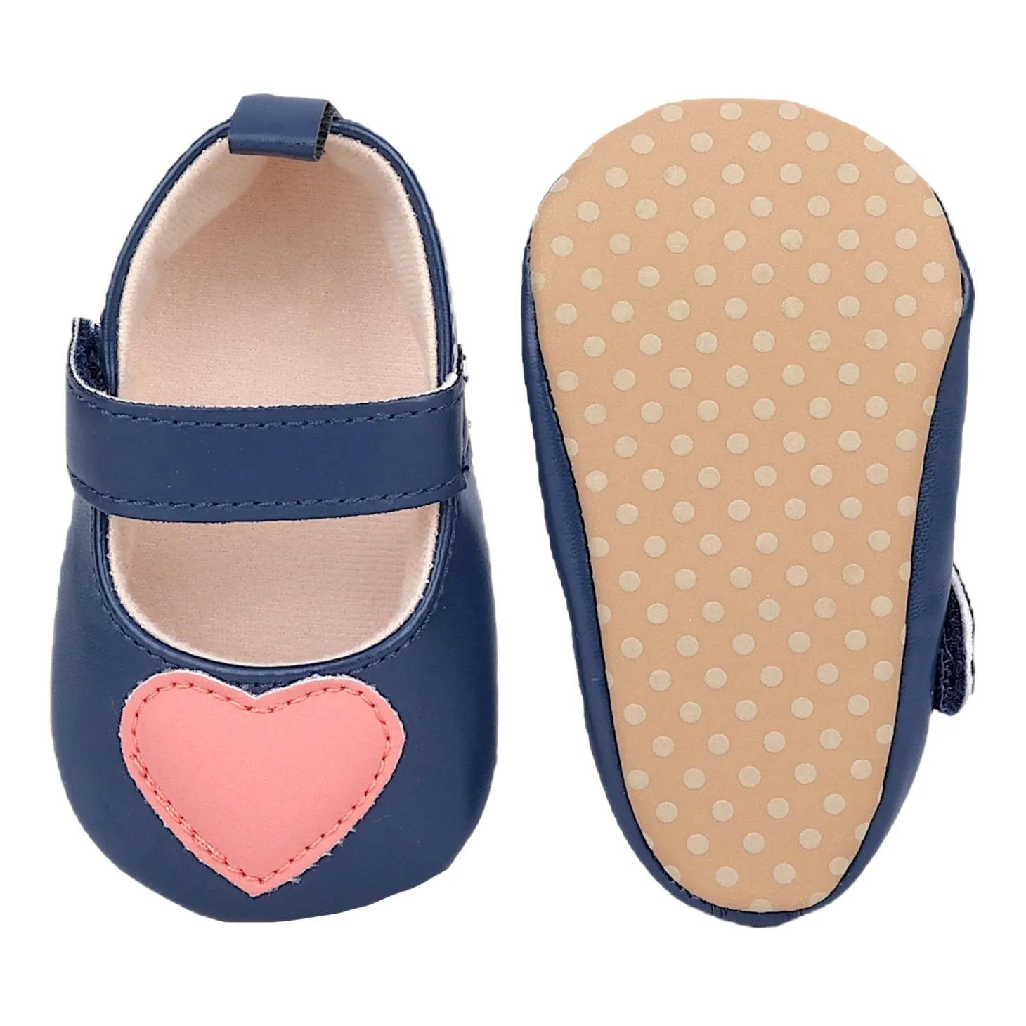 Baby Moo Sweet Heart Anti-Skid Elastic Strap Ballerina Booties - Navy Blue, Peach