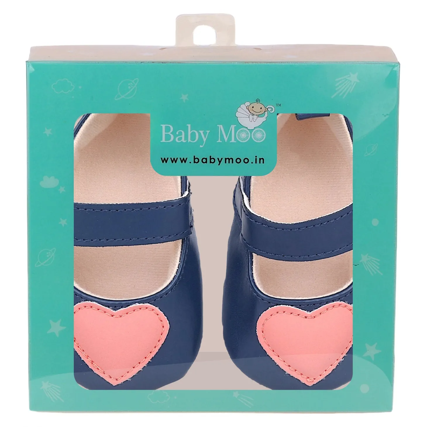 Baby Moo Sweet Heart Anti-Skid Elastic Strap Ballerina Booties - Navy Blue, Peach