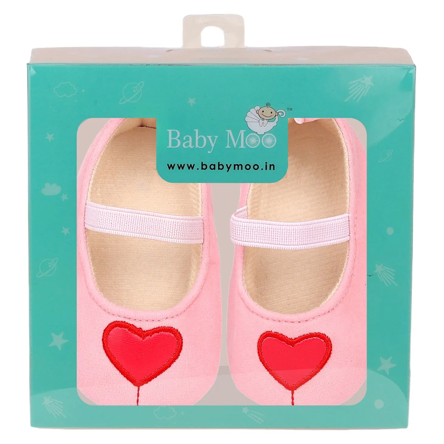 Baby Moo Sweet Heart Anti-Skid Elastic Strap Ballerina Booties - Pink, Red