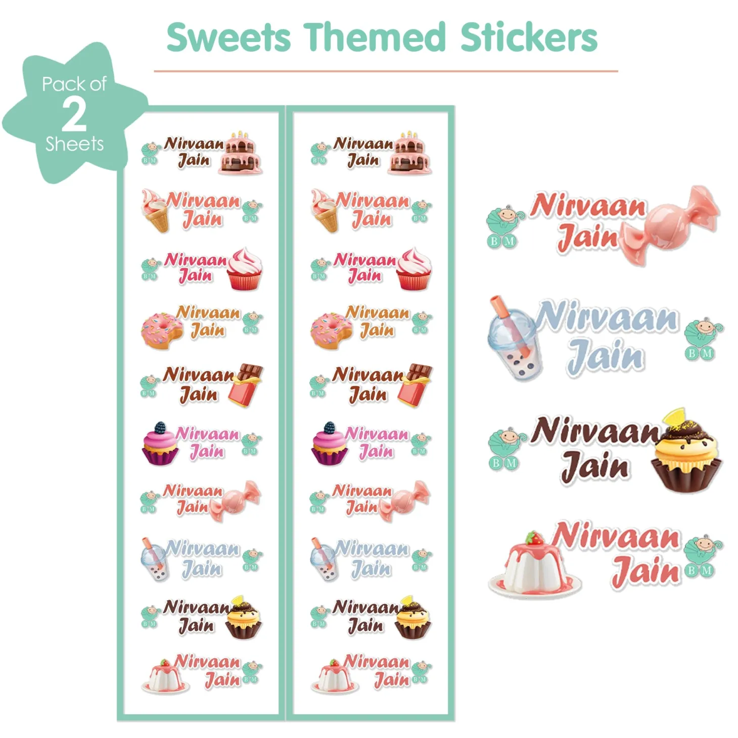 Baby Moo Sweets Personalised Name Self Adhesive Transparent Embossed Stickers, 3D Labels 20 Pcs Stationery Set for Children - Pink
