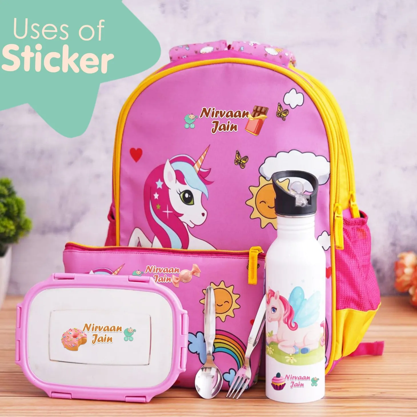 Baby Moo Sweets Personalised Name Self Adhesive Transparent Embossed Stickers, 3D Labels 20 Pcs Stationery Set for Children - Pink