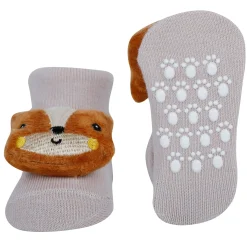 Baby Moo Teddy And Fox 3D Rattle Anti-Skid Socks Booties Pack of 2 - Blue, Rose Gold