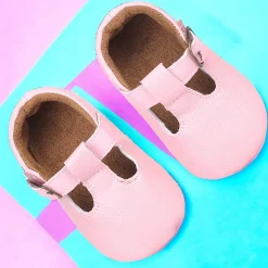 Baby Moo Textured Leather T-Strap Velcro Buckle Anti-Skid Ballerina Pram Shoes - Pink