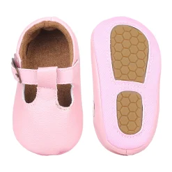 Baby Moo Textured Leather T-Strap Velcro Buckle Anti-Skid Ballerina Pram Shoes - Pink