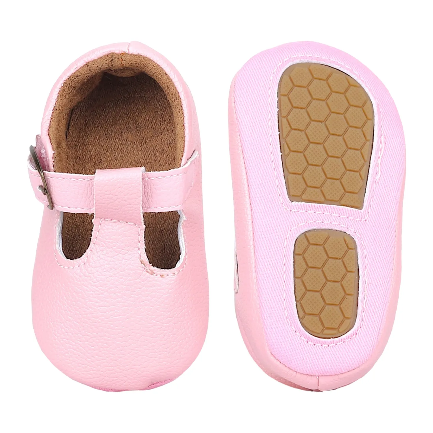 Baby Moo Textured Leather T-Strap Velcro Buckle Anti-Skid Ballerina Pram Shoes - Pink
