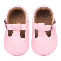 Baby Moo Textured Leather T-Strap Velcro Buckle Anti-Skid Ballerina Pram Shoes - Pink