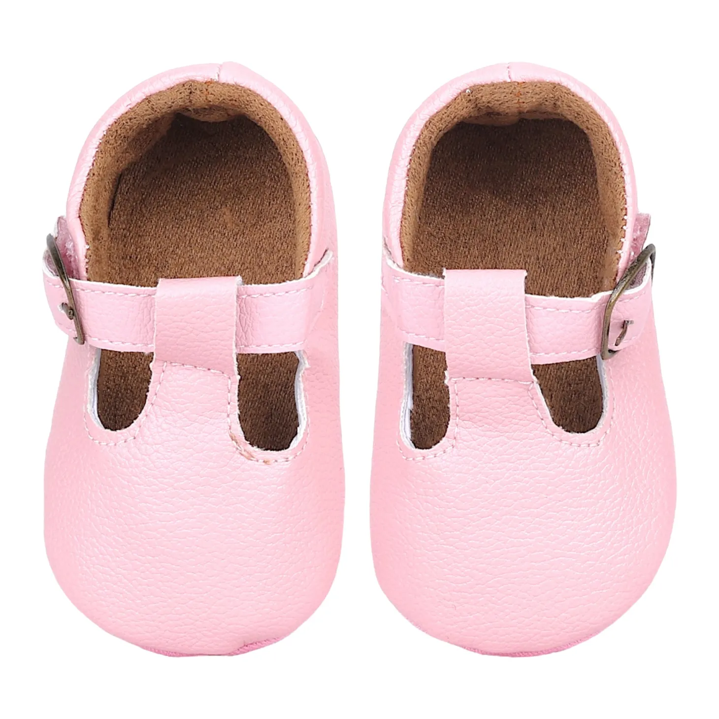 Baby Moo Textured Leather T-Strap Velcro Buckle Anti-Skid Ballerina Pram Shoes - Pink