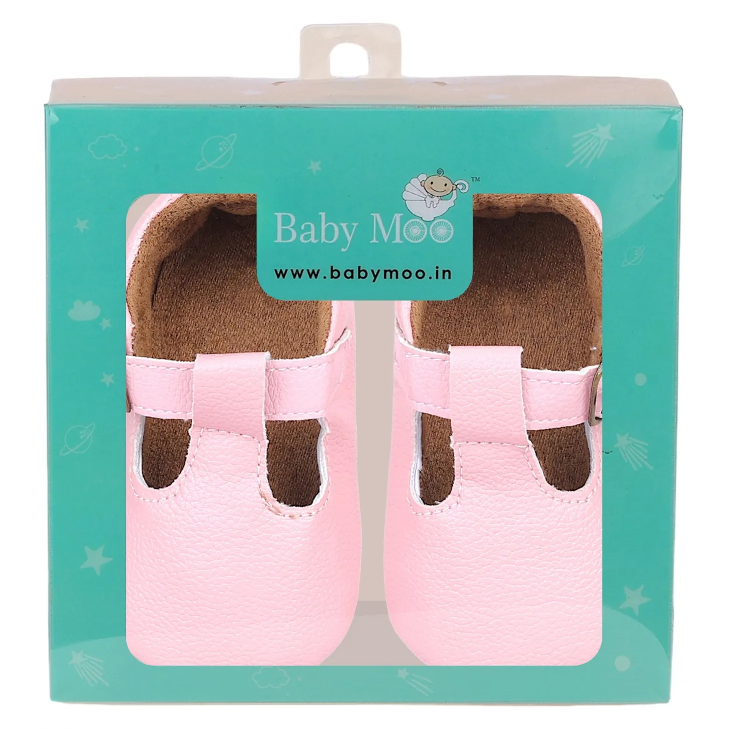 Baby Moo Textured Leather T-Strap Velcro Buckle Anti-Skid Ballerina Pram Shoes - Pink