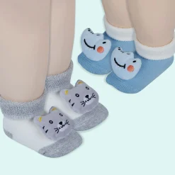 Baby Moo Tiger And Alligator 3D Rattle Anti-Skid Socks Booties Pack of 2 - Grey, Blue