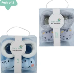 Baby Moo Tiger And Alligator 3D Rattle Anti-Skid Socks Booties Pack of 2 - Grey, Blue