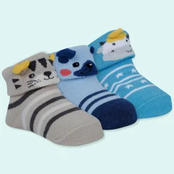 Baby Moo Tiger Puppy 3D Rattle Anti-Skid Socks Booties Pack of 3 - Blue, Beige