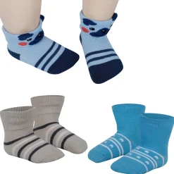 Baby Moo Tiger Puppy 3D Rattle Anti-Skid Socks Booties Pack of 3 - Blue, Beige