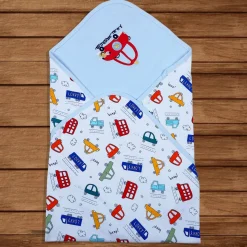 Baby Moo Traffic Jam Car Embroidery Soft Reversible Wrapper - Blue