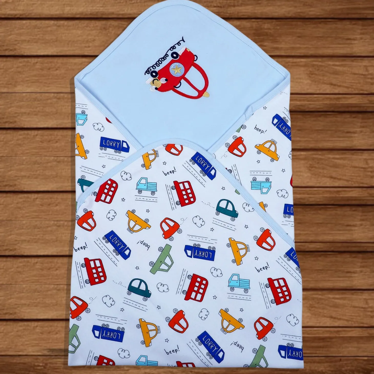 Baby Moo Traffic Jam Car Embroidery Soft Reversible Wrapper - Blue