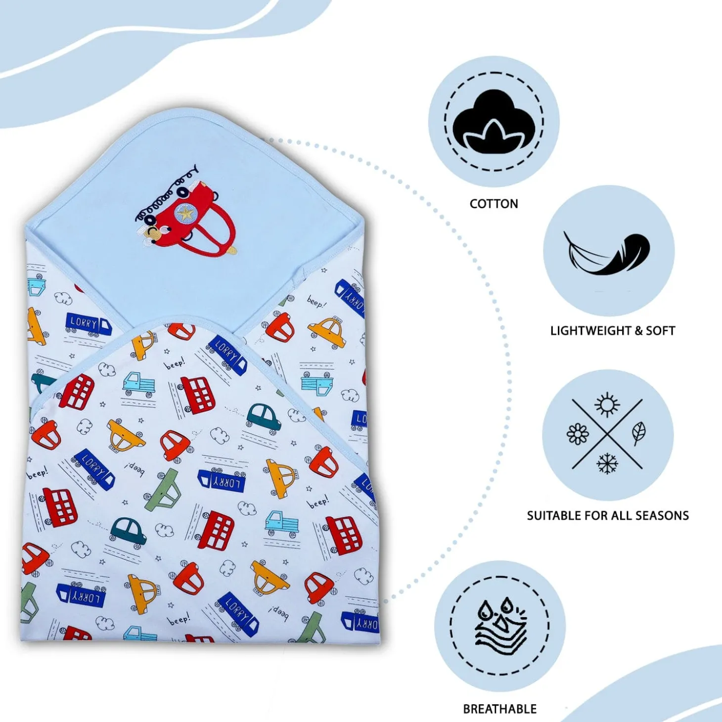 Baby Moo Traffic Jam Car Embroidery Soft Reversible Wrapper - Blue