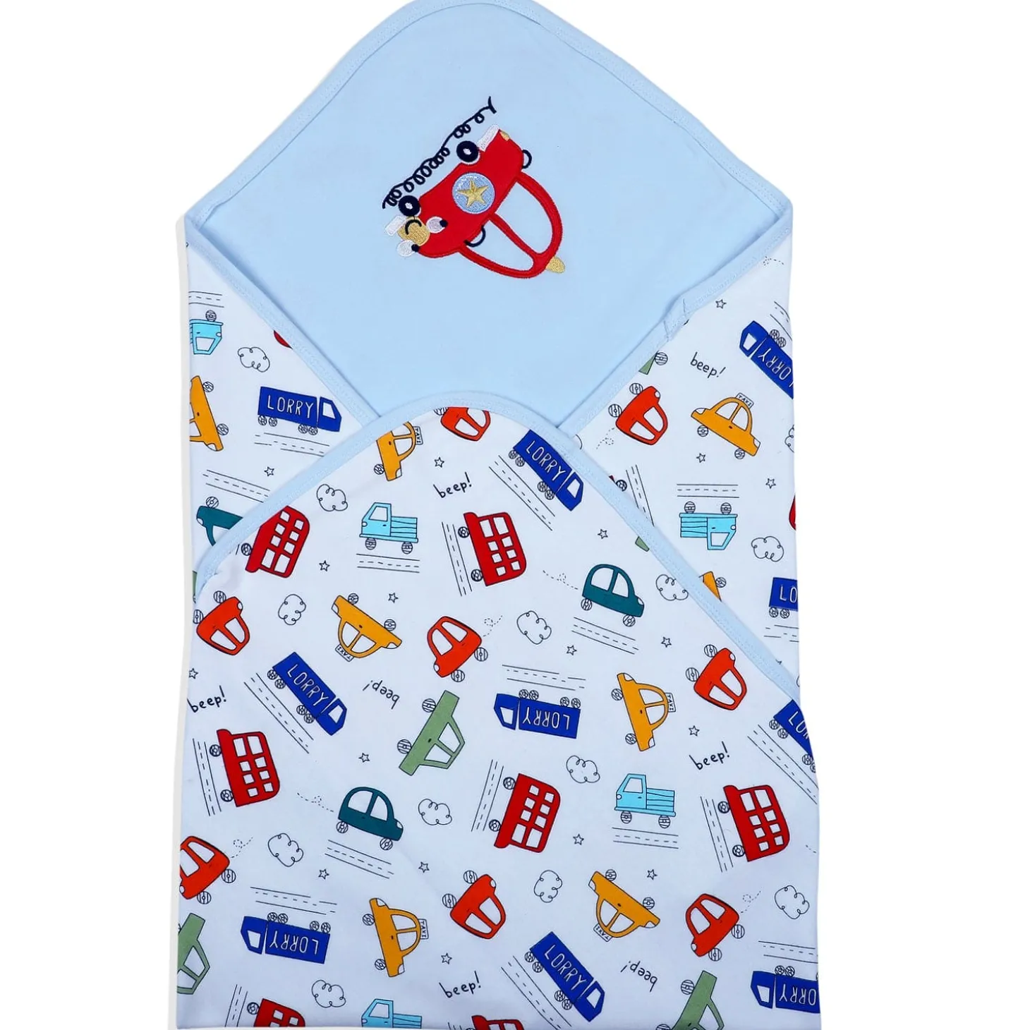Baby Moo Traffic Jam Car Embroidery Soft Reversible Wrapper - Blue