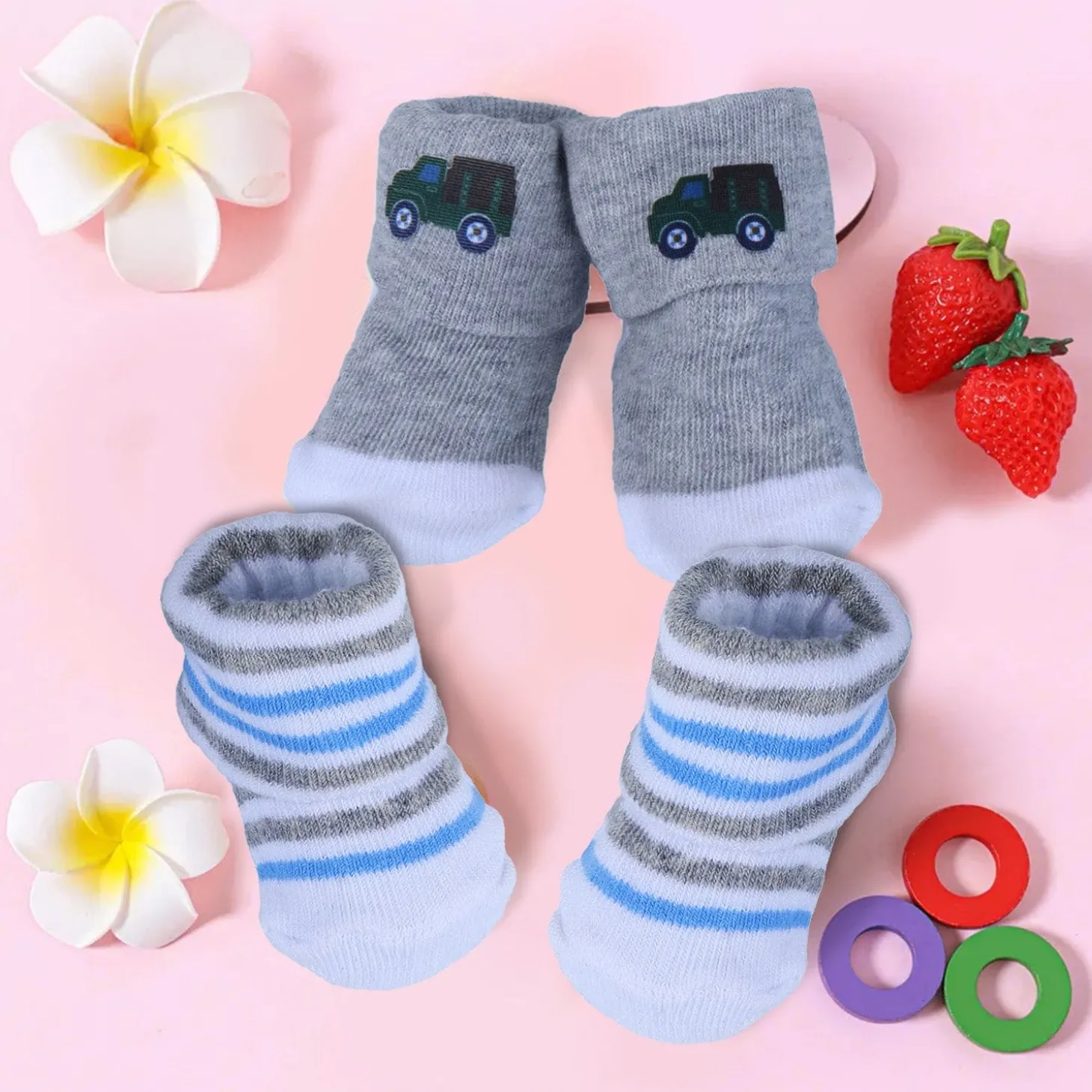 Baby Moo Truck And Stripes Newborn Breathable Infant Cotton Socks - Grey