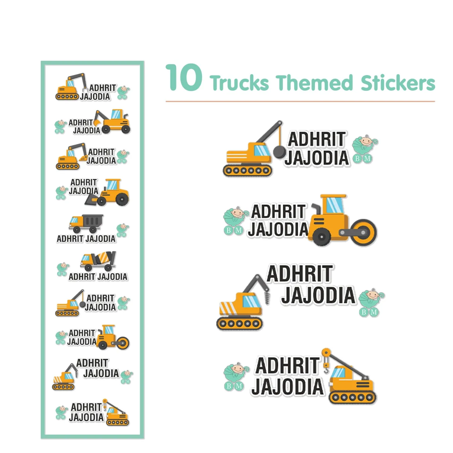 Baby Moo Truck Personalised Name Self Adhesive Transparent Embossed Stickers, 3D Labels 10 Pcs Stationery Set for Children - Mustard