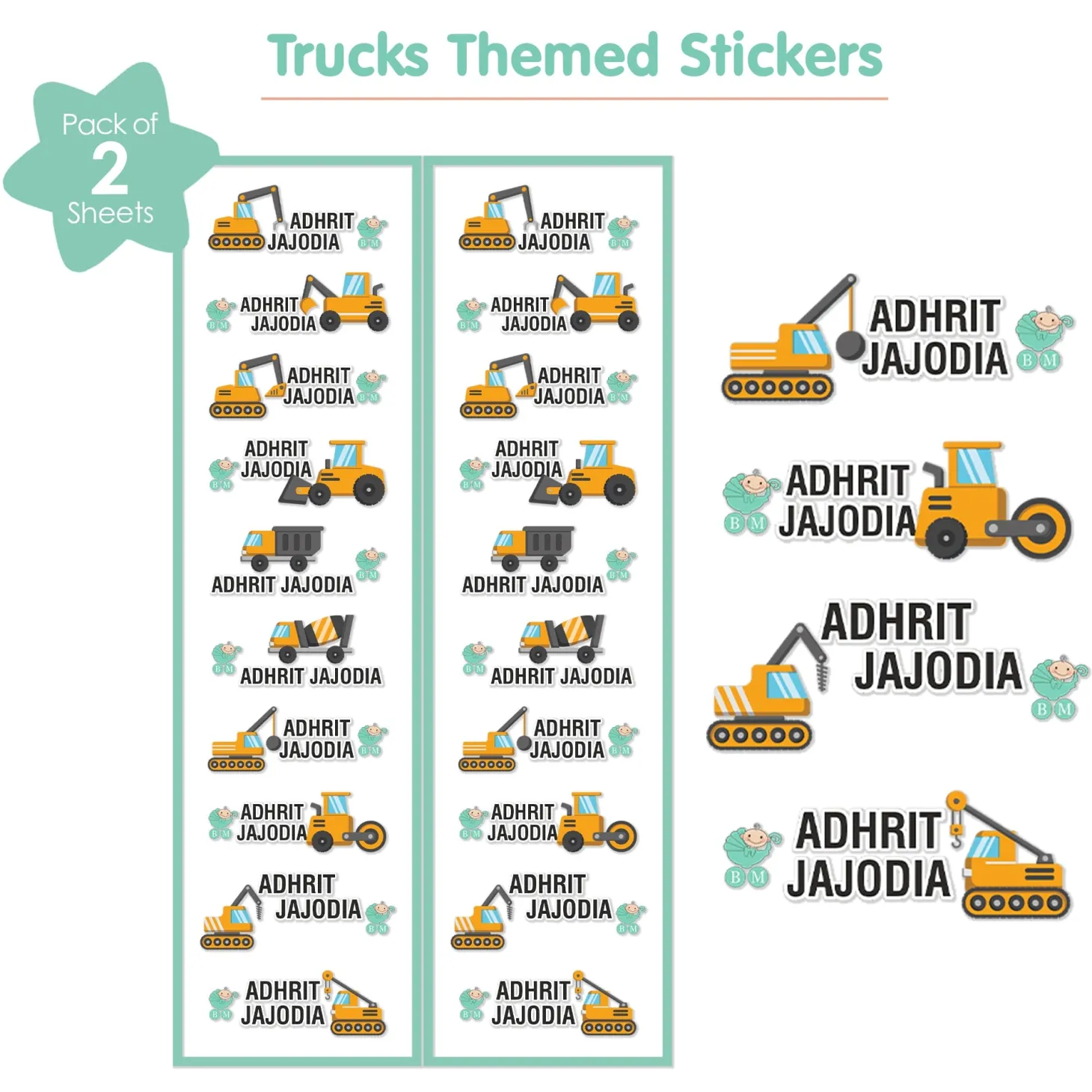 Baby Moo Truck Personalised Name Self Adhesive Transparent Embossed Stickers, 3D Labels 20 Pcs Stationery Set for Children - Mustard