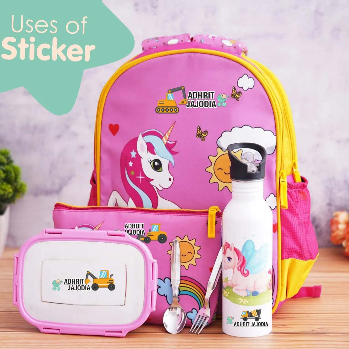 Baby Moo Truck Personalised Name Self Adhesive Transparent Embossed Stickers, 3D Labels 20 Pcs Stationery Set for Children - Mustard