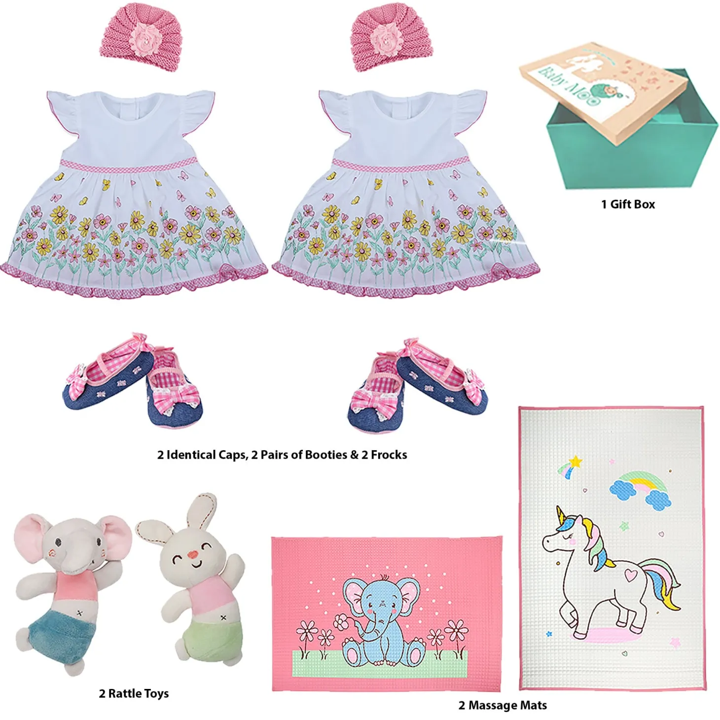 Baby Moo Twin Baby Girl Gift Hamper Pink 10 Pcs - 0-9M Sizes Available