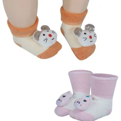 Baby Moo Unicorn And Mouse 3D Rattle Anti-Skid Socks Booties Pack of 2 - Pink, Orange