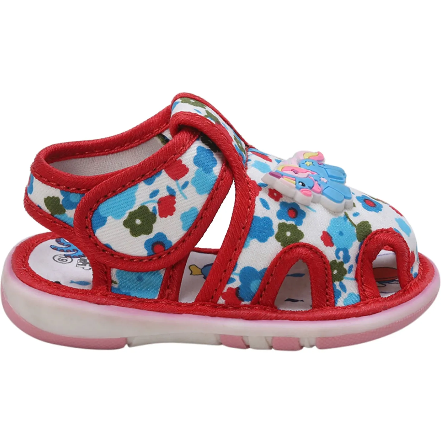 Baby Moo Unicorn Applique Floral Print Velcro Strap Anti-Skid Chu Chu Sound Sandals - Blue