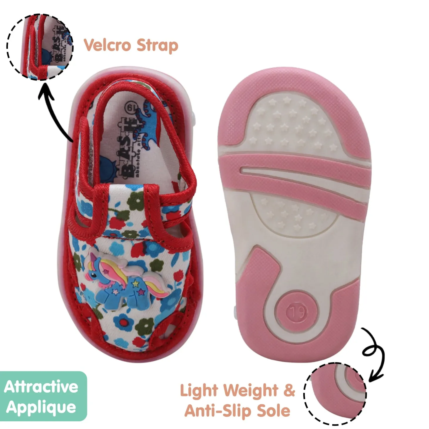 Baby Moo Unicorn Applique Floral Print Velcro Strap Anti-Skid Chu Chu Sound Sandals - Blue