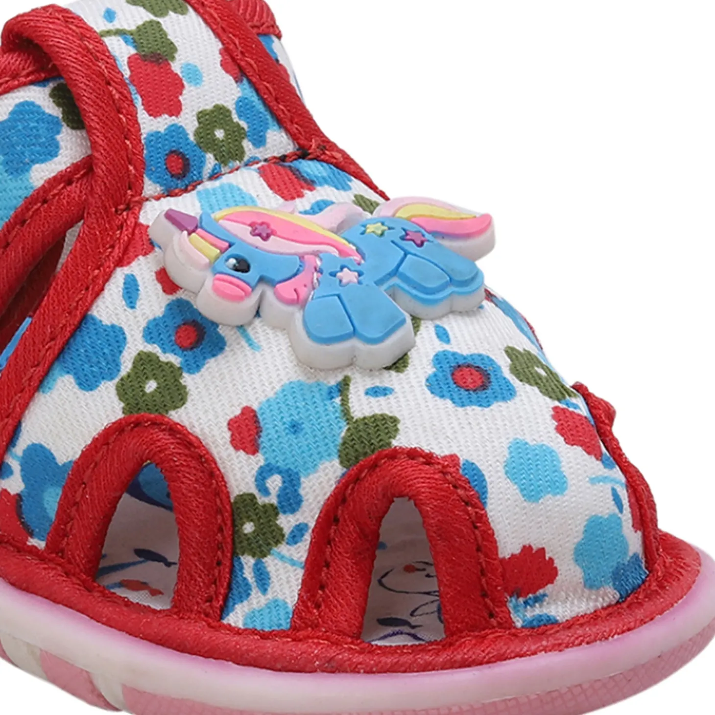 Baby Moo Unicorn Applique Floral Print Velcro Strap Anti-Skid Chu Chu Sound Sandals - Blue
