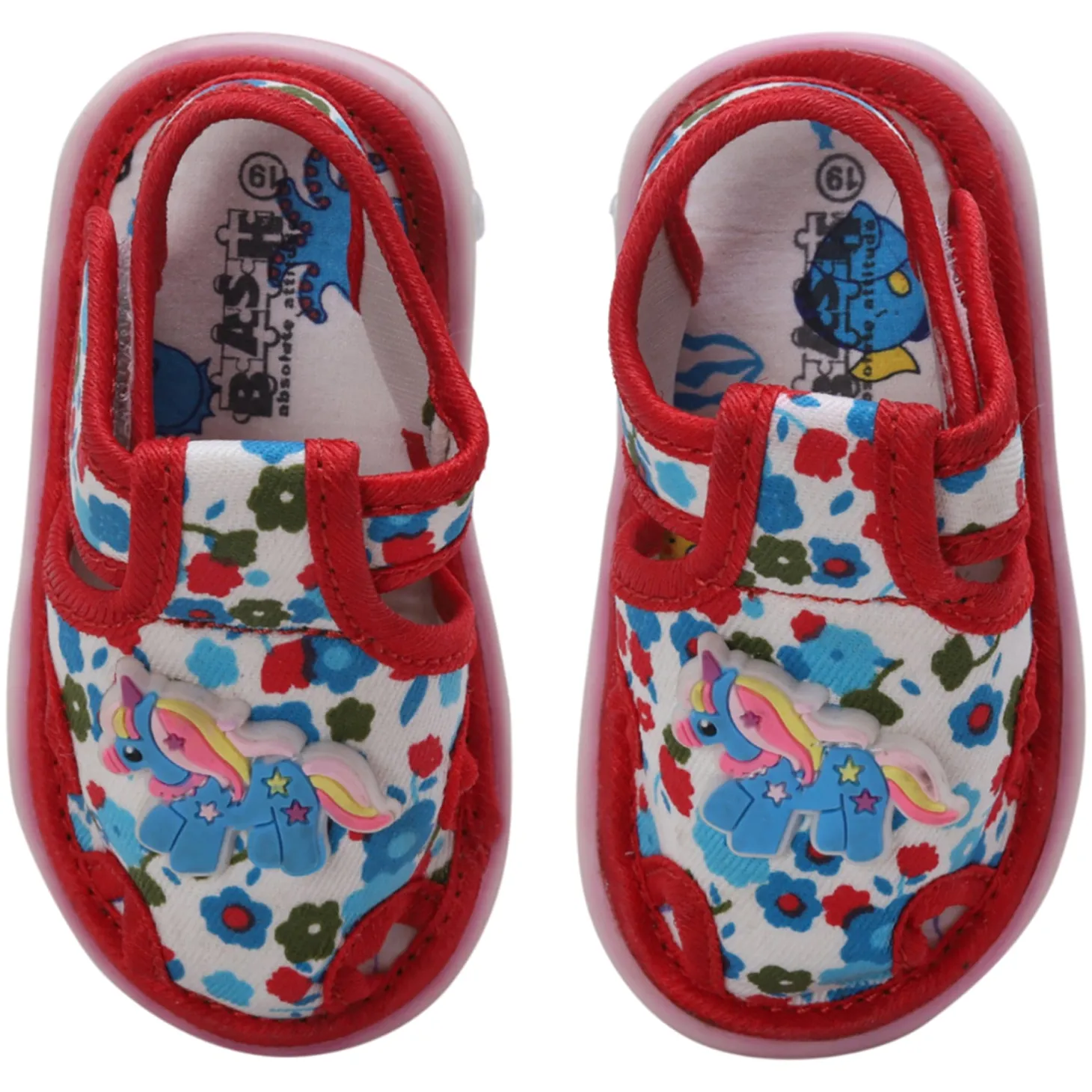 Baby Moo Unicorn Applique Floral Print Velcro Strap Anti-Skid Chu Chu Sound Sandals - Blue