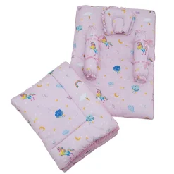 Baby Moo Unicorn Bedding Gift Set 2 Bolsters, U Pillow, Mattress And Quilt Set - Pink