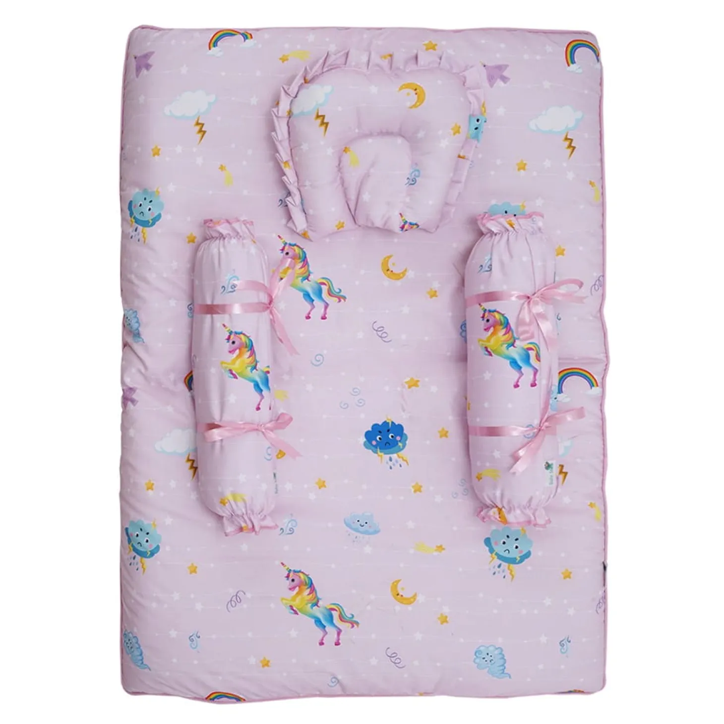Baby Moo Unicorn Bedding Gift Set 2 Bolsters, U Pillow, Mattress And Quilt Set - Pink