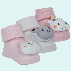 Baby Moo Unicorn 3D Rattle Anti-Skid Socks Booties Pack of 3 - Pink