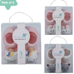 Baby Moo Unicorn 3D Rattle Anti-Skid Socks Booties Pack of 3 - Pink