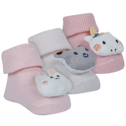 Baby Moo Unicorn 3D Rattle Anti-Skid Socks Booties Pack of 3 - Pink