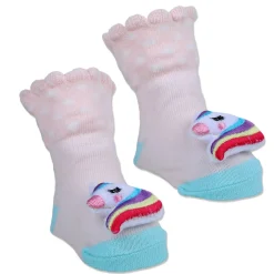 Baby Moo Unicorn Embroidered Cotton Anti-Skid 3D Socks - Pink