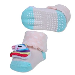 Baby Moo Unicorn Embroidered Cotton Anti-Skid 3D Socks - Pink
