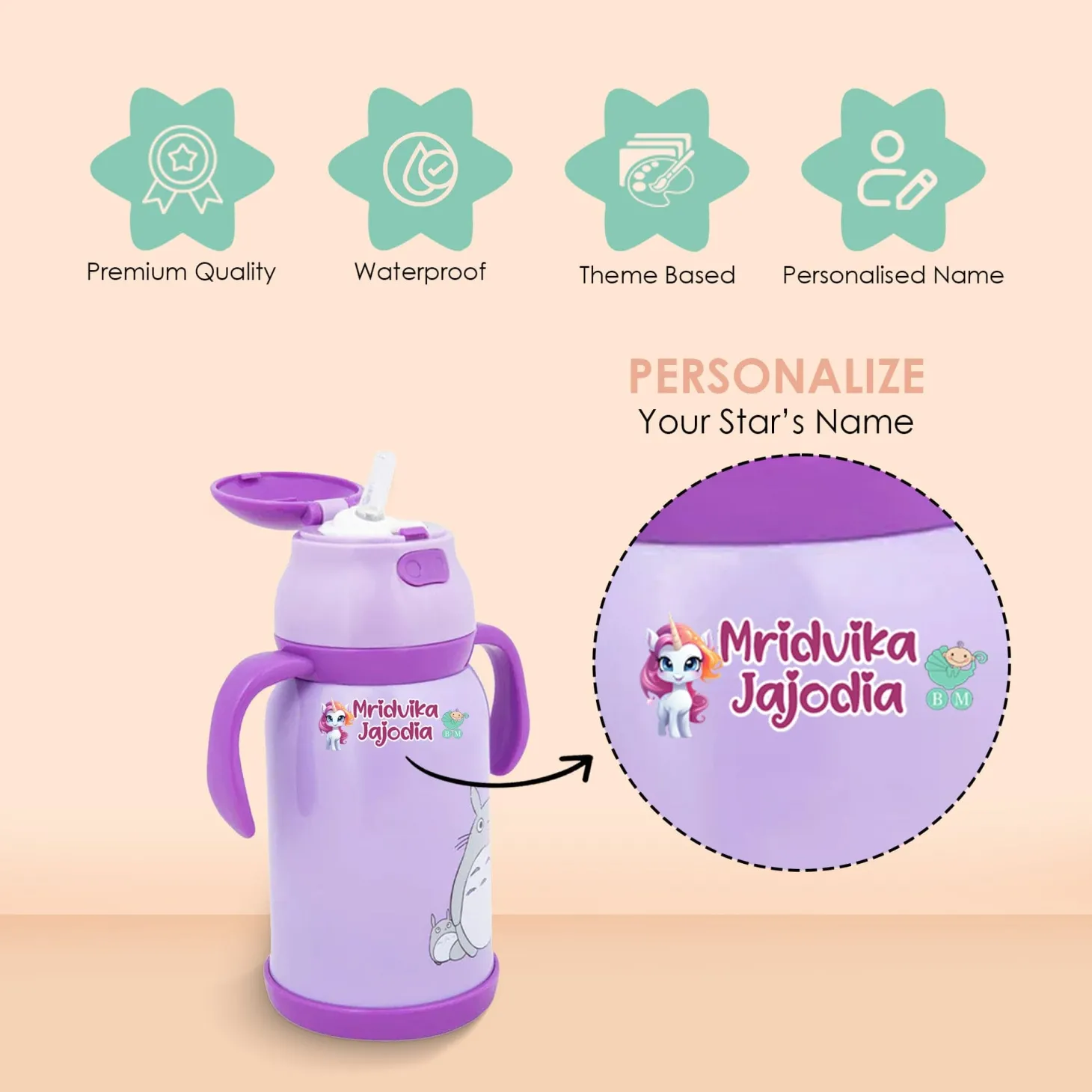 Baby Moo Unicorn Personalised Name Self Adhesive Transparent Embossed Stickers, 3D Labels 10 Pcs Stationery Set for Children - Purple