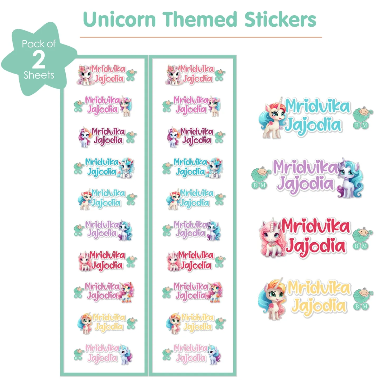 Baby Moo Unicorn Personalised Name Self Adhesive Transparent Embossed Stickers, 3D Labels 20 Pcs Stationery Set for Children - Purple