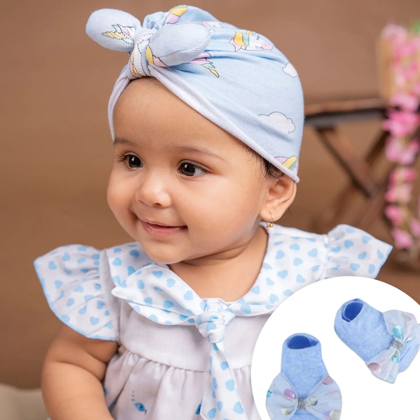 Baby Moo Unicorn Shiny Bow Matching Cap And Socks Set - Blue