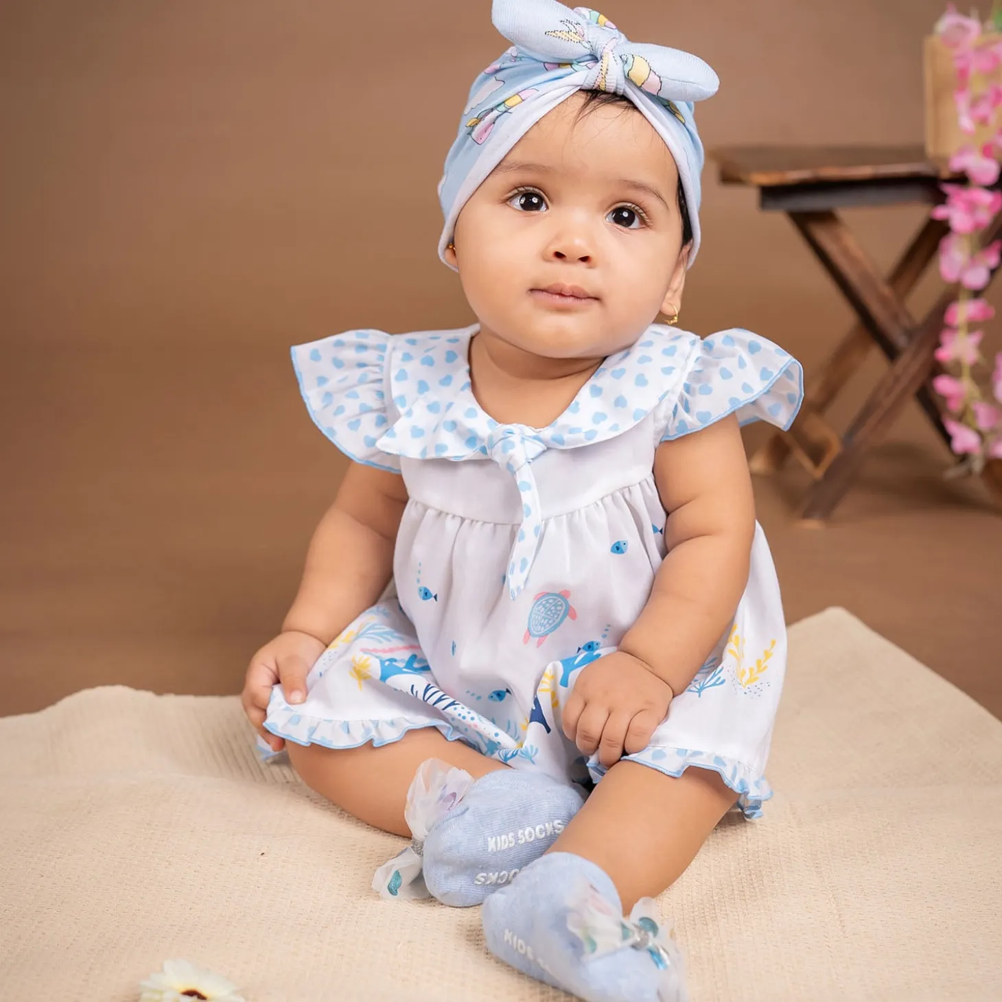 Baby Moo Unicorn Shiny Bow Matching Cap And Socks Set - Blue