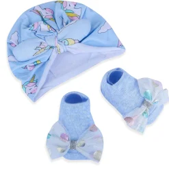 Baby Moo Unicorn Shiny Bow Matching Cap And Socks Set - Blue