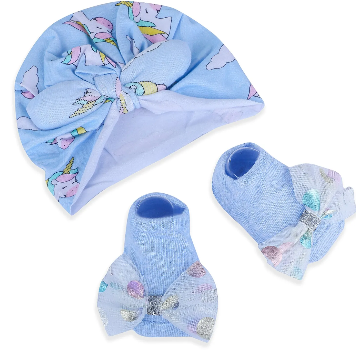 Baby Moo Unicorn Shiny Bow Matching Cap And Socks Set - Blue