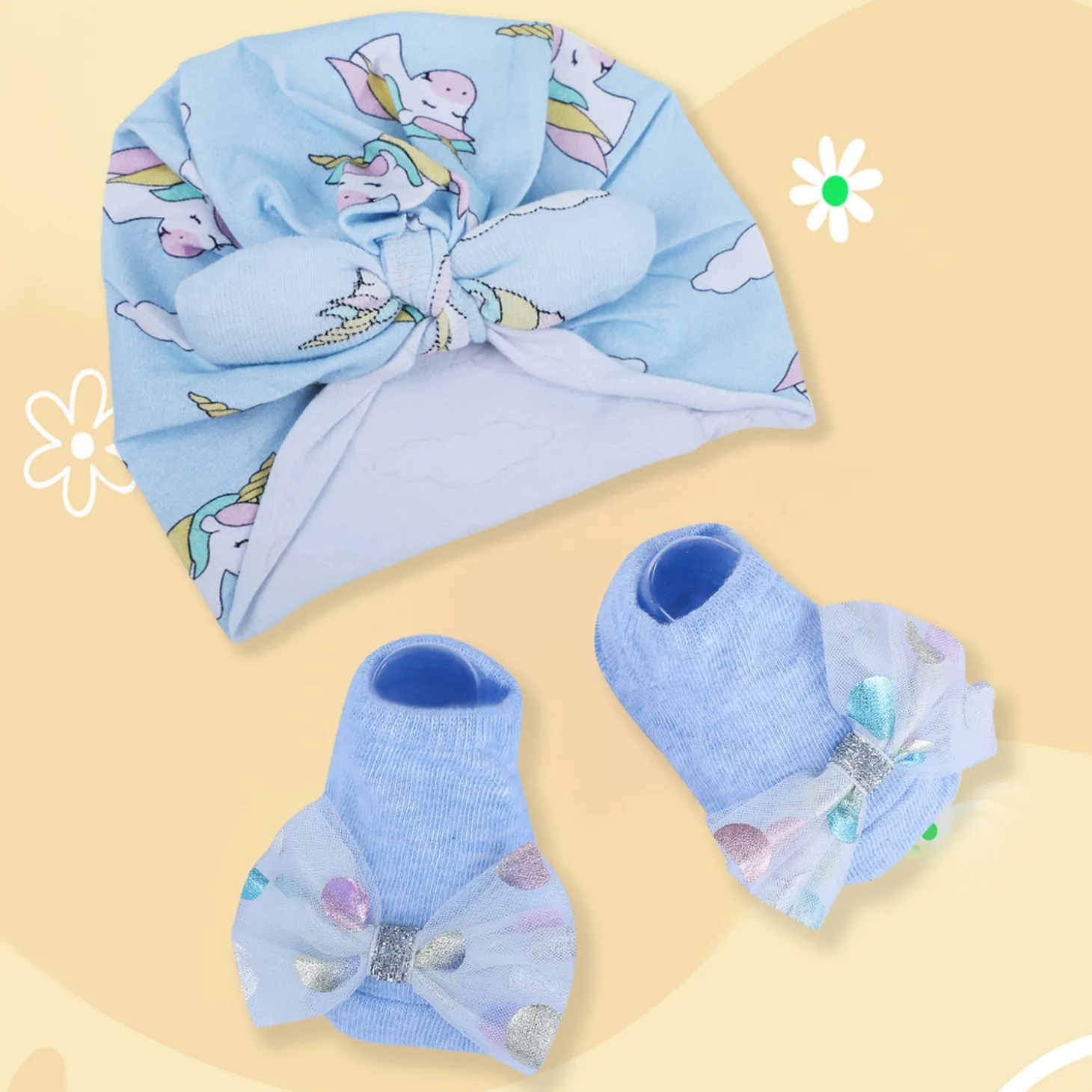 Baby Moo Unicorn Shiny Bow Matching Cap And Socks Set - Blue
