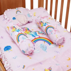 Baby Moo Unicorn Soft Velvet U Pillow, Side Bolsters 5 Pcs Mattress And Blanket Set - Pink