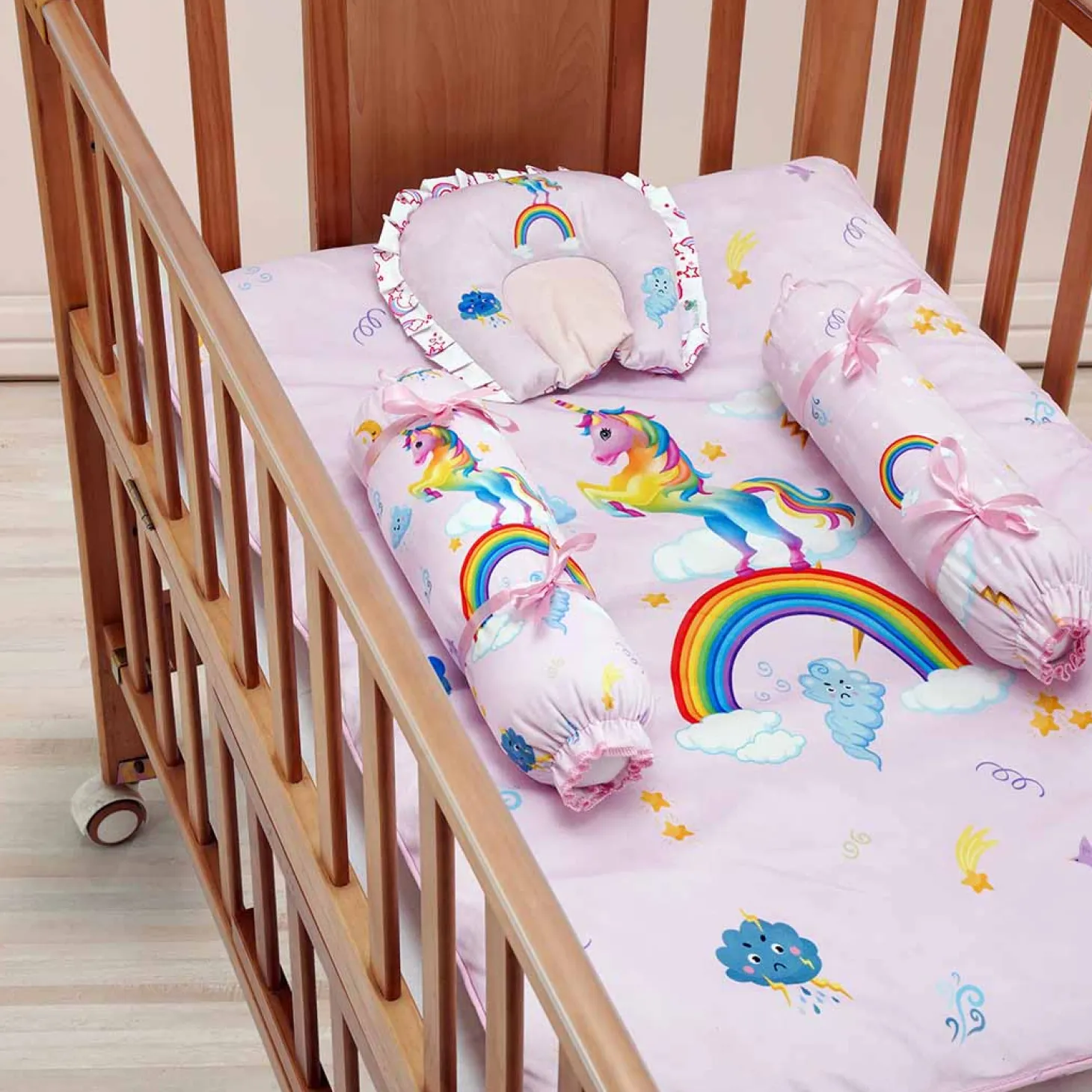 Baby Moo Unicorn Soft Velvet U Pillow, 2 Side Bolsters Mattress Set - Pink