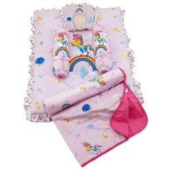 Baby Moo Unicorn Soft Velvet U Pillow, Side Bolsters 5 Pcs Mattress And Blanket Set - Pink
